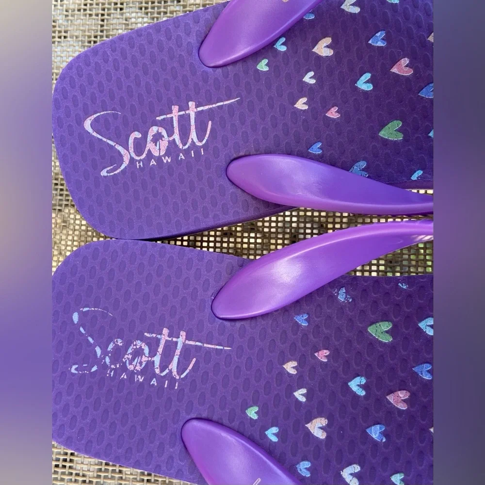 2pr. Gently Worn/Clean Sz-C/ 11-12 Cat& Jack Tan Sandals/Purple Scott Flip Flops